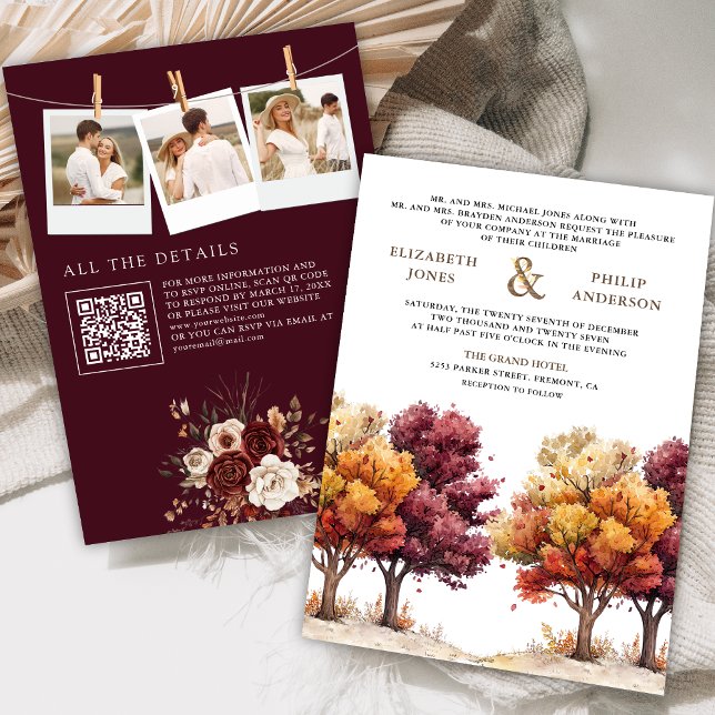 Autumn Fall Burgundy Trees Photo QR Code Wedding Invitation (Creator Uploaded)