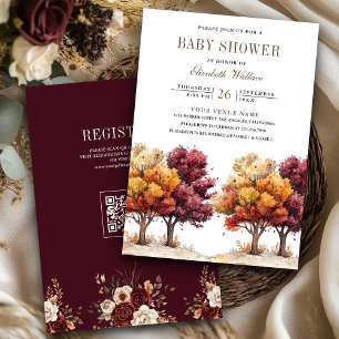 Autumn Fall Burgundy Trees QR Code Baby Shower Invitation