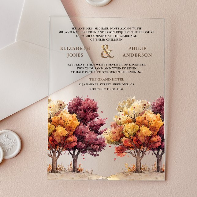 Autumn Fall Burgundy Trees Wedding Acrylic Invitations (Creator Uploaded)