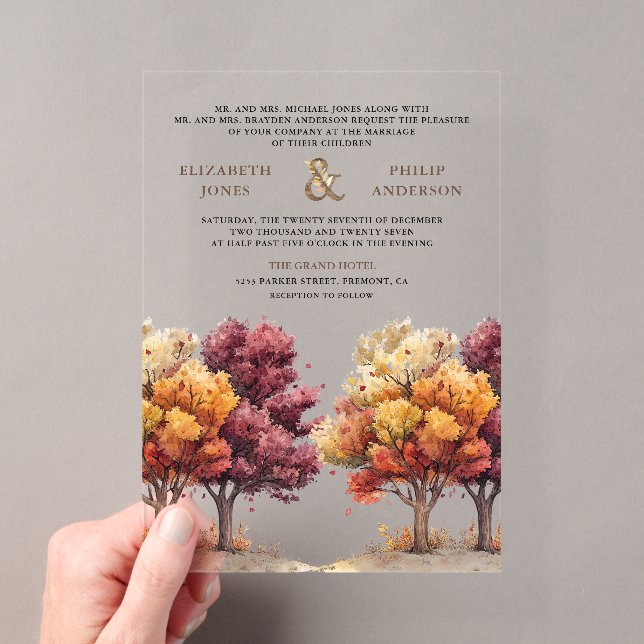 Autumn Fall Burgundy Trees Wedding Acrylic Invitations (Insitu (Handheld))