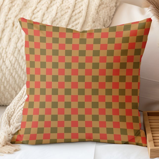Autumn Fall Chequered Pattern Brown Red Gold Yello Throw Pillow (Creator Uploaded)
