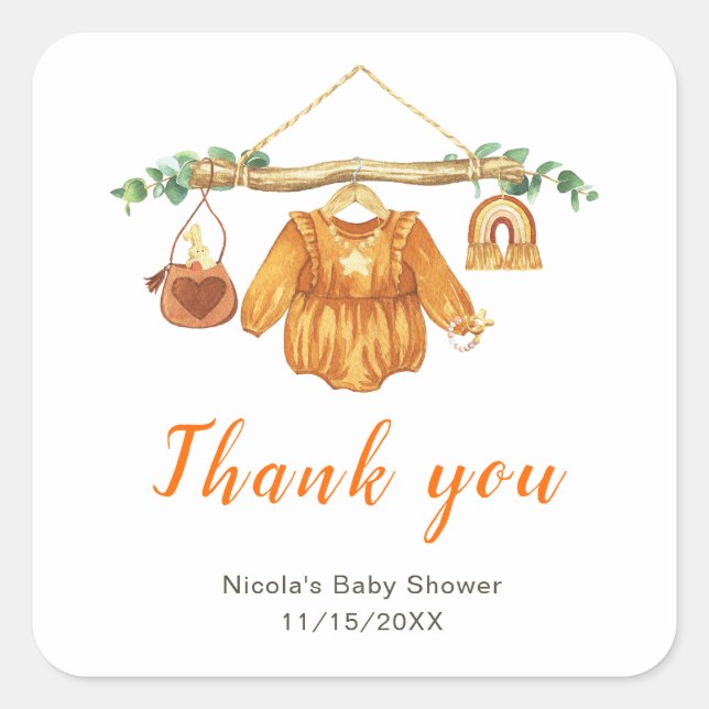 Autumn Fall Clothes Line Girl Baby Shower Square Sticker (Front)