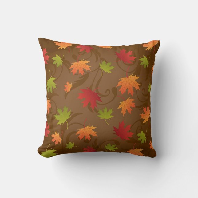 Autumn, Fall Colour Leaves on Brown Background Throw Pillow (Front)