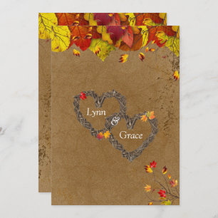 Autumn Fall Colour Leaves Twig Hearts  Invitation