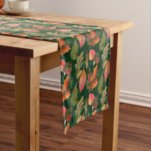 Autumn Fall Colourful Leaves 2 Dark Forest Green Long Table Runner