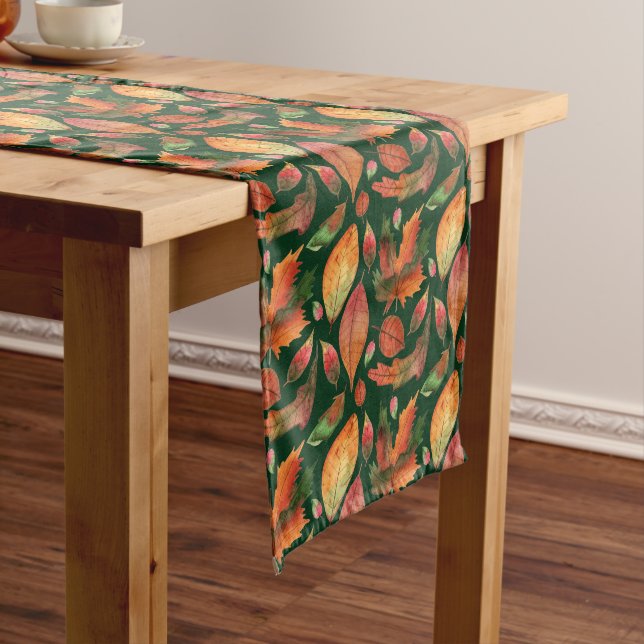 Autumn Fall Colourful Leaves 3 Dark Forest Green  Long Table Runner (In Situ)