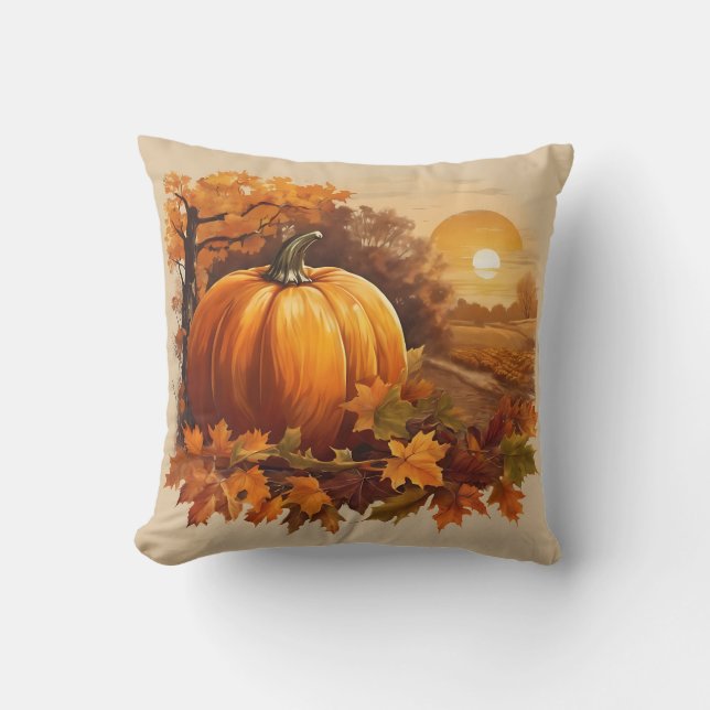 Autumn Fall Colours Pumpkin Landscape Throw Pillow (Front)