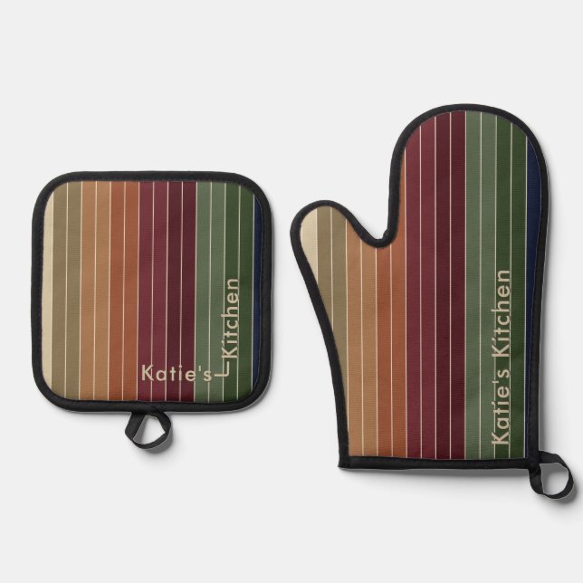 Autumn Fall Colours Striped Modern Oven Mitt & Pot Holder Set (Front)