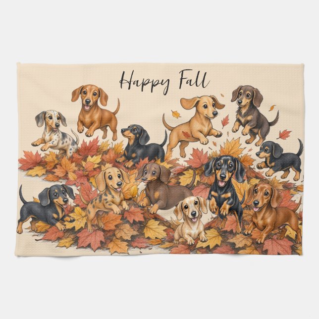 Autumn Fall Dachshund Puppies  Kitchen Towel (Horizontal)