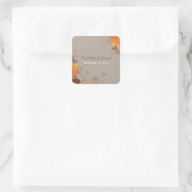 Autumn Fall Deco Floral Swirls Foliage Wedding Square Sticker (Bag)