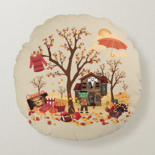 Autumn Fall Elements and Scenery Round Pillow