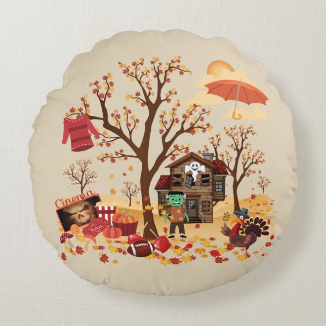 Autumn Fall Elements and Scenery Round Pillow (Front)