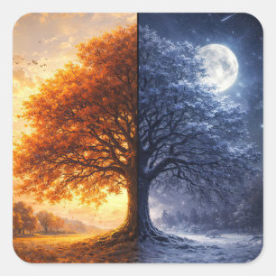 Autumn Fall Equinox and Winter Tree Moon Day Night Square Sticker