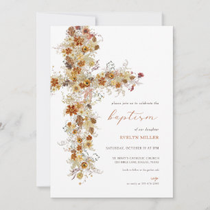 Autumn Fall Floral Cross Baptism Invitation