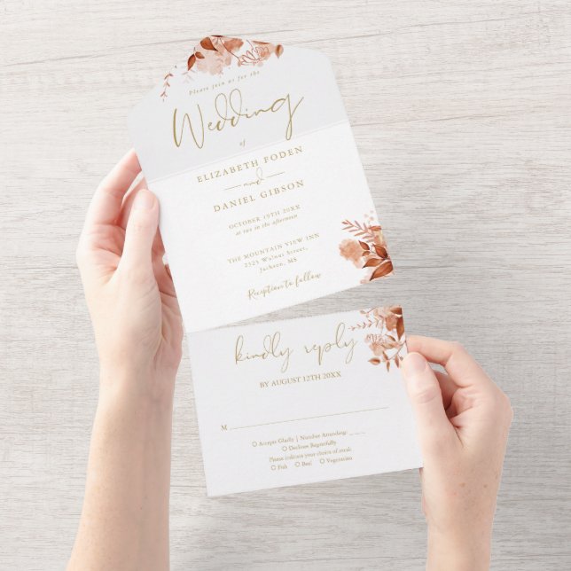 Autumn Fall Floral Elegant Gold Wedding All In One Invitation (Tearaway)