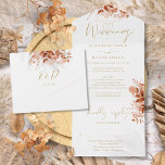 Autumn Fall Floral Gold Details RSVP Wedding All In One Invitation<br><div class="desc">All in one wedding invitation featuring autumn fall rustic florals and elegant gold calligraphy script typography. The invitation includes additional guest details and a perforated RSVP card that can be individually addressed or left blank for you to handwrite your guest's address details. Designed by Thisisnotme©</div>
