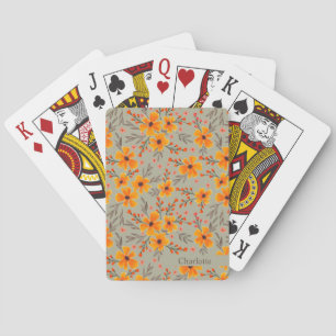Autumn Fall Floral Pattern Sage Green + add name Playing Cards