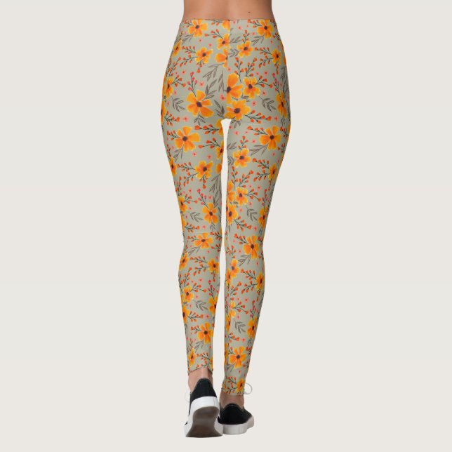 Autumn Fall Floral Pattern Sage Green  Leggings (Back)
