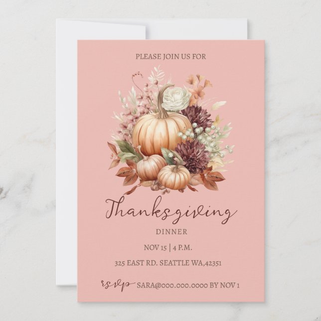 Autumn Fall Floral Pumpkins Thanksgiving Dinner Invitation (Front)