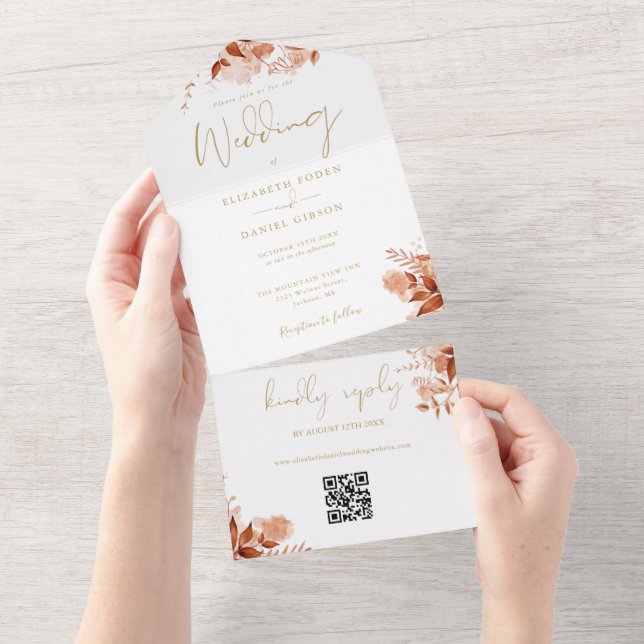 Autumn Fall Floral QR Code Gold Wedding All In One Invitation (Tearaway)