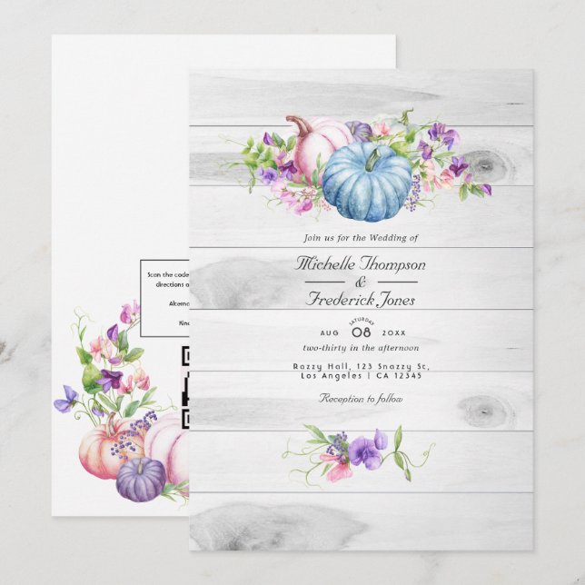 Autumn - Fall Floral Rustic QR Code RSVP Wedding Invitation (Front/Back)