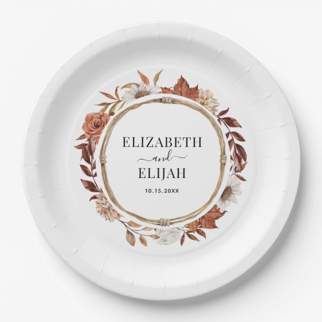 Autumn Fall Floral Terracotta Wedding Paper Plate (Front)