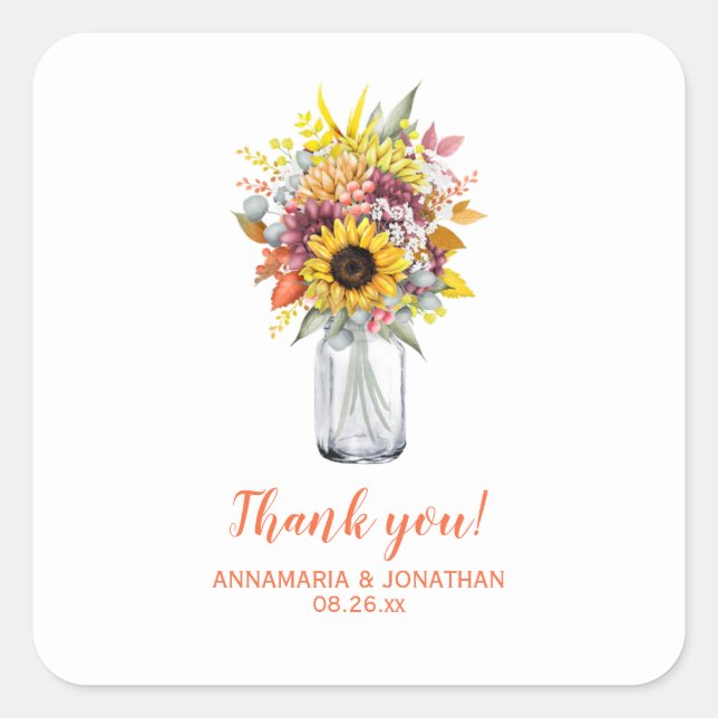 Autumn/Fall Flowers in Mason Jar Wedding Thank You Square Sticker (Front)