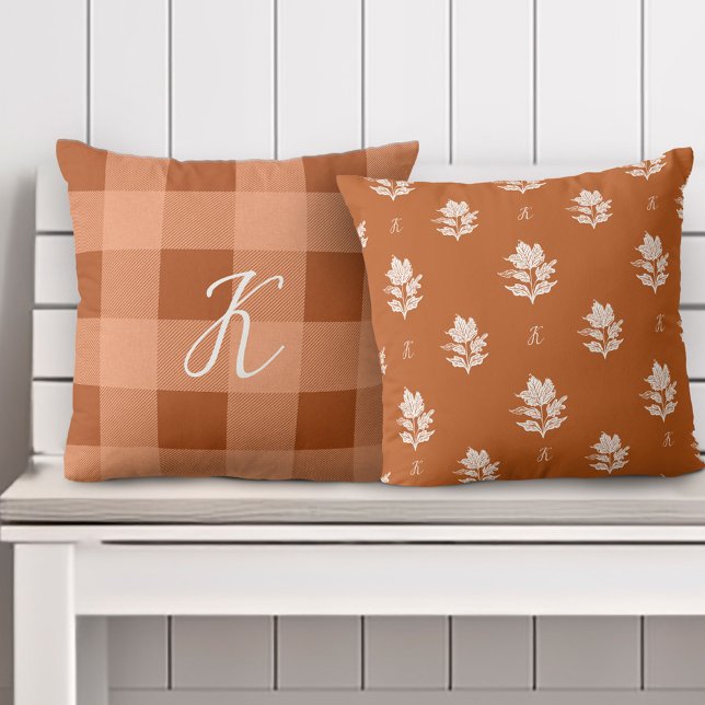 Autumn Fall Foliage Custom Monogram & Orange Plaid Throw Pillow (Autumn Fall Foliage Custom Monogram & Orange Plaid Throw Pillow)