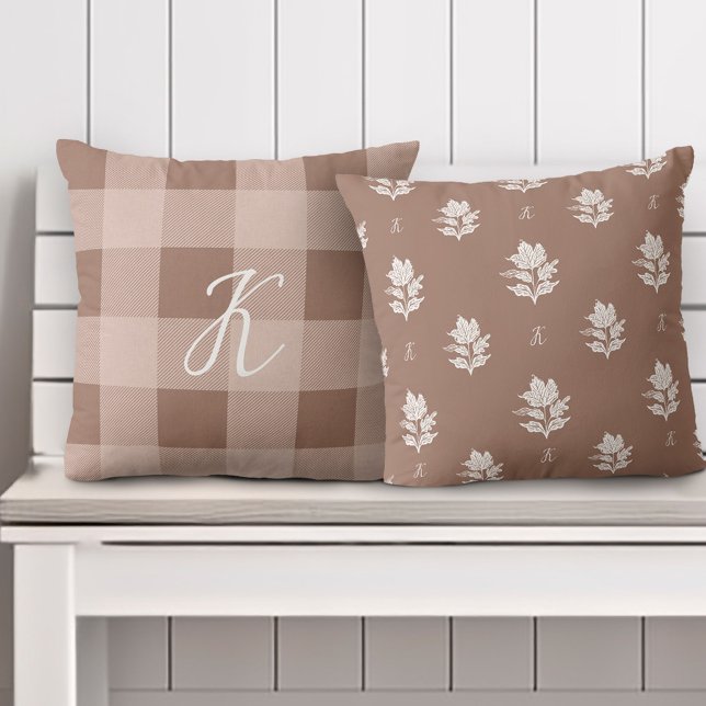 Autumn Fall Foliage Custom Monogram & Taupe Plaid  Throw Pillow (Autumn Fall Foliage Custom Monogram & Taupe Plaid Throw Pillow)