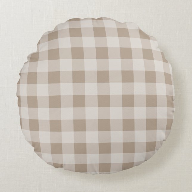 Autumn Fall Foliage Leaves Brown Plaid Pattern Round Pillow (Front)