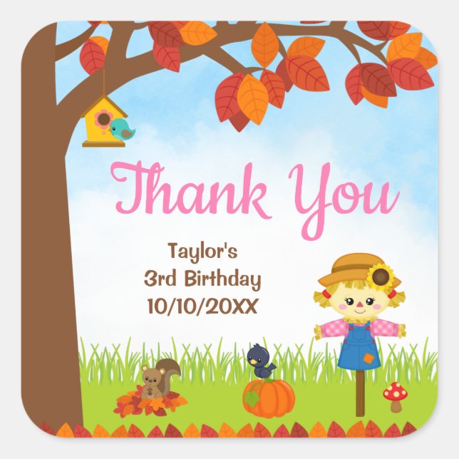 Autumn Fall Girl Scarecrow Birthday Thank You Square Sticker (Front)