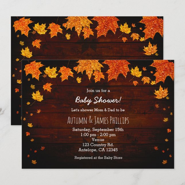 Autumn Fall Glitter Leaves Baby Shower Invitations (Front/Back)