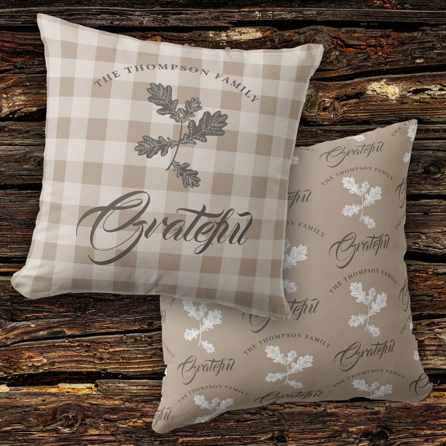 Autumn Fall Gratitude Family Name Taupe Plaid Throw Pillow (Autumn Fall Gratitude Family Name Taupe Plaid )