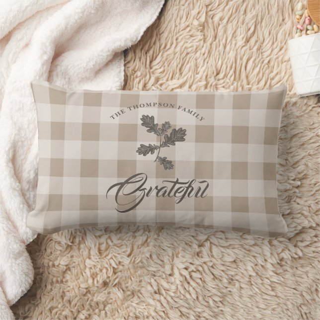 Autumn Fall Gratitude Foliage Taupe Plaid Lumbar Pillow (Blanket)