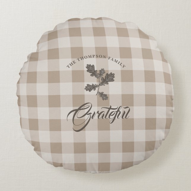 Autumn Fall Gratitude Foliage Taupe Plaid Round Pillow (Front)