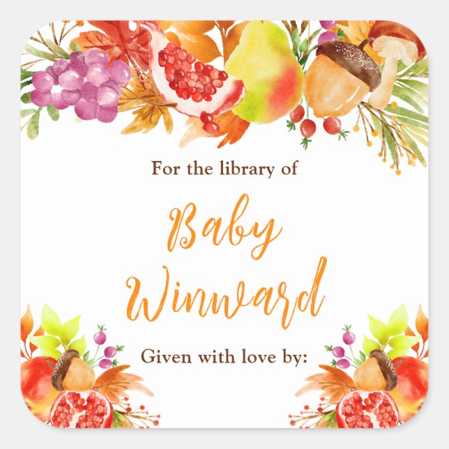 Autumn Fall Harvest Baby Shower Bookplate Square Sticker (Front)
