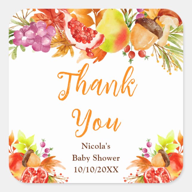 Autumn Fall Harvest Baby Shower Thank You Square Sticker (Front)
