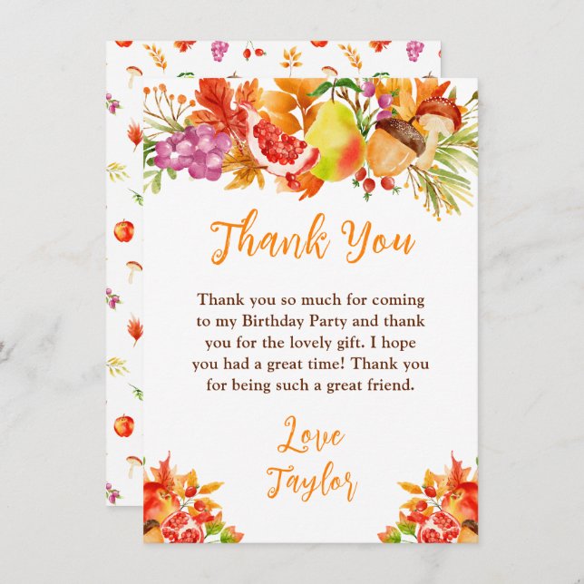 Autumn Fall Harvest Birthday Party Thank You Card (Front/Back)