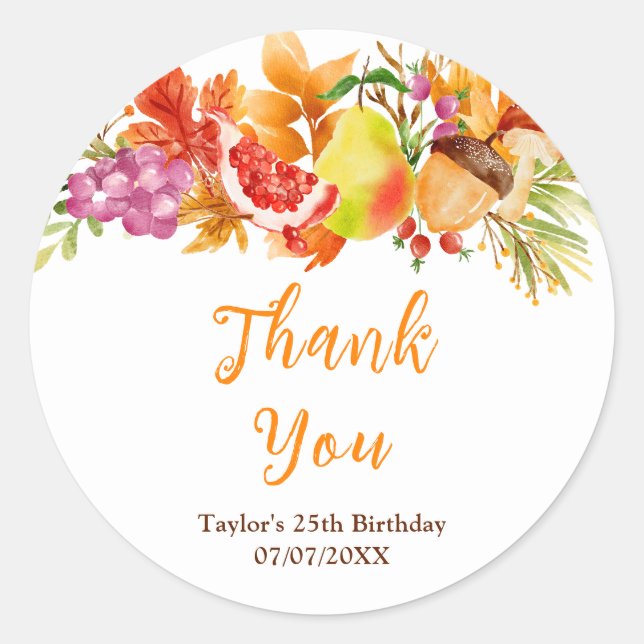 Autumn Fall Harvest Birthday Party Thank You Classic Round Sticker (Front)