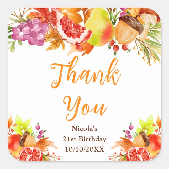 Autumn Fall Harvest Birthday Thank You Square Sticker (Front)