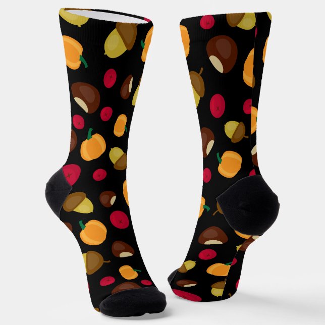 Autumn Fall Harvest Black Pattern Socks (Angled)