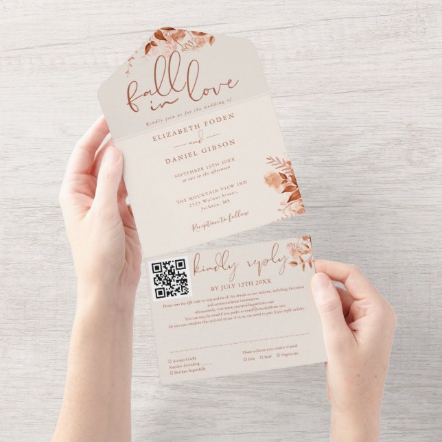 Autumn Fall In Love Rustic Floral QR Code Wedding All In One Invitation (Tearaway)