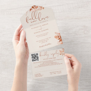 Autumn Fall In Love Rustic Floral QR Code Wedding All In One Invitation