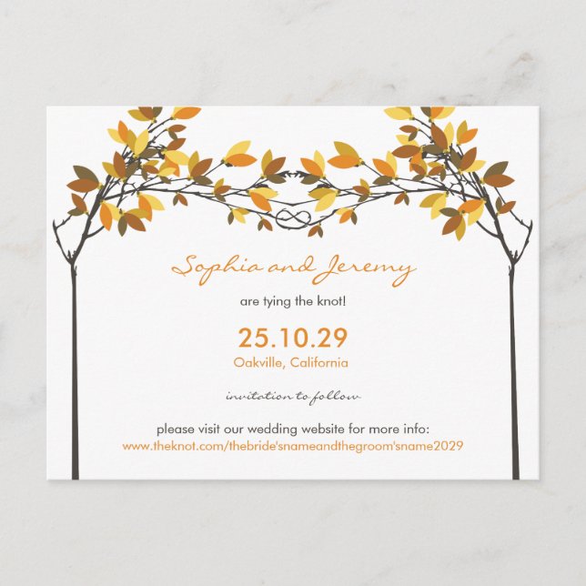 Autumn Fall Knotted Love Trees Save The Date Photo Announcement Postcard (Front)