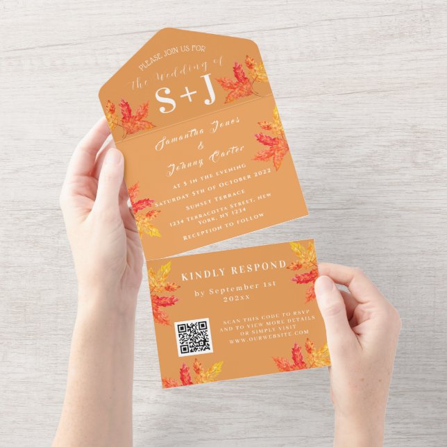 Autumn Fall Leaf Burnt Orange QR Code Wedding RSVP All In One Invitation (Tearaway)