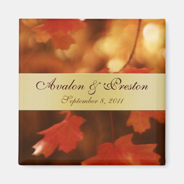 Autumn Fall Leaf Gold Ribbon Save The Date Magnet (Front)
