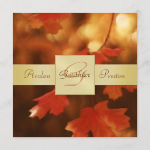 Autumn Fall Leaf Monogram Gold Ribbon Invitation