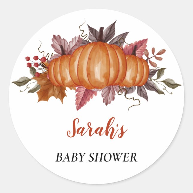 Autumn fall leaf Pumpkin Baby Shower, Custom name Classic Round Sticker (Front)