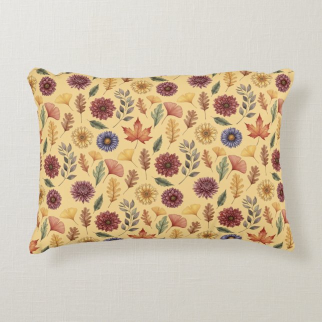 Autumn Fall Leaves and Flowers Pattern Accent Pillow (Front)