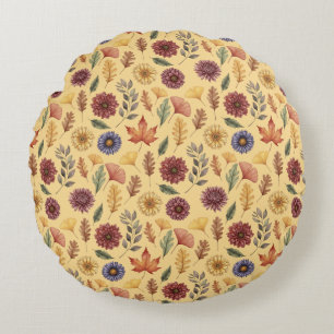 Autumn Fall Leaves and Flowers Pattern Round Pillow